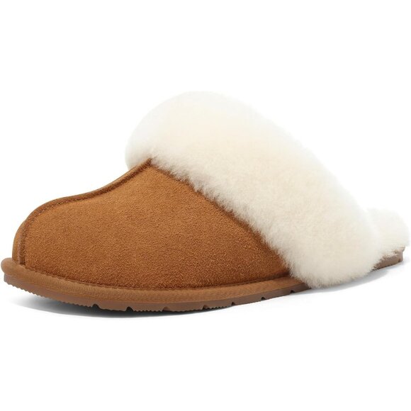 Women's Leather Fuzzy Light Brown Winter Warm Scuff Cozy Slip On Slippers Shoes - Picture 5 of 7